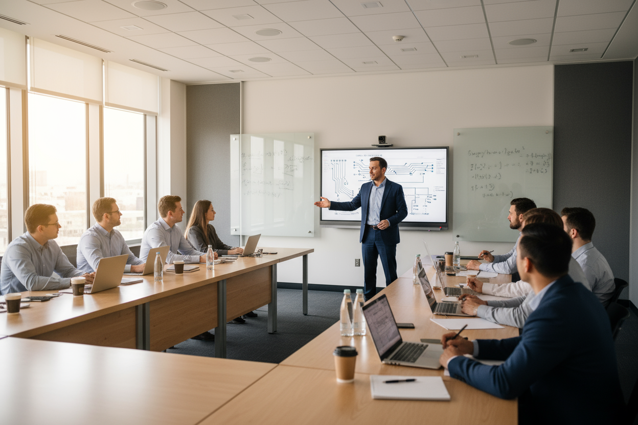 een man die een workshop geeft aan technische mensen