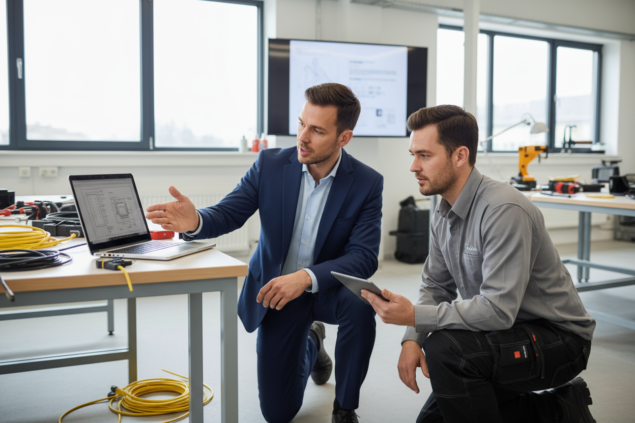 Een man die tijdens een workshop uitleg geeft aan installateur op de laptop