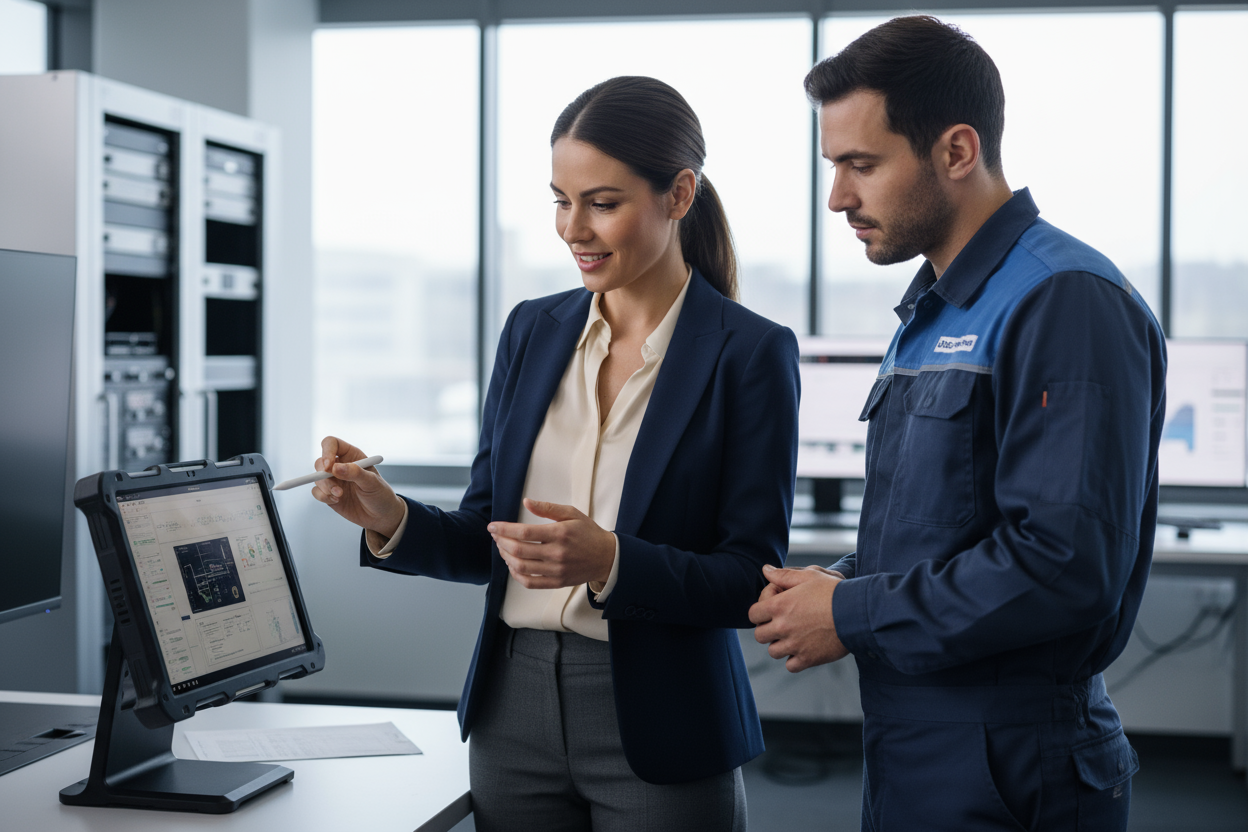 maak een realistiche afbeelding van een vrouw in nette werkleding die een technische man uitleg geeft 1 op 1